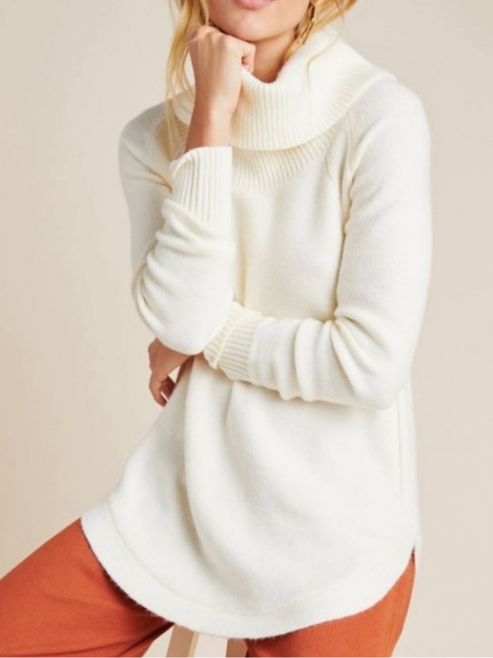 Moth Anthropologie Cream / White Georgia Cowl Neck Tunic Sweater Small EUC